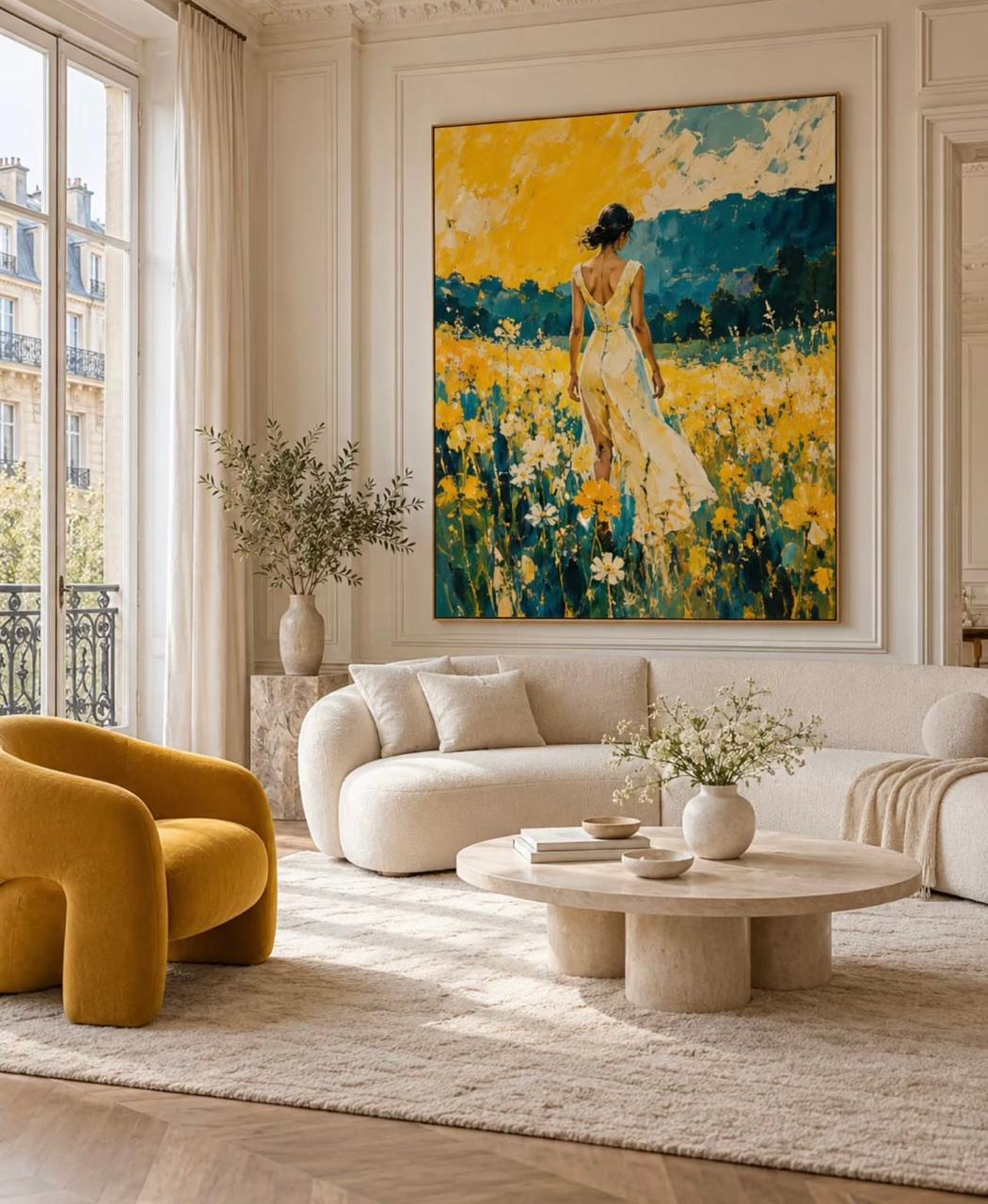 Luxury Majlis living room with ivory sofa, mustard accent chair and colorful wall art