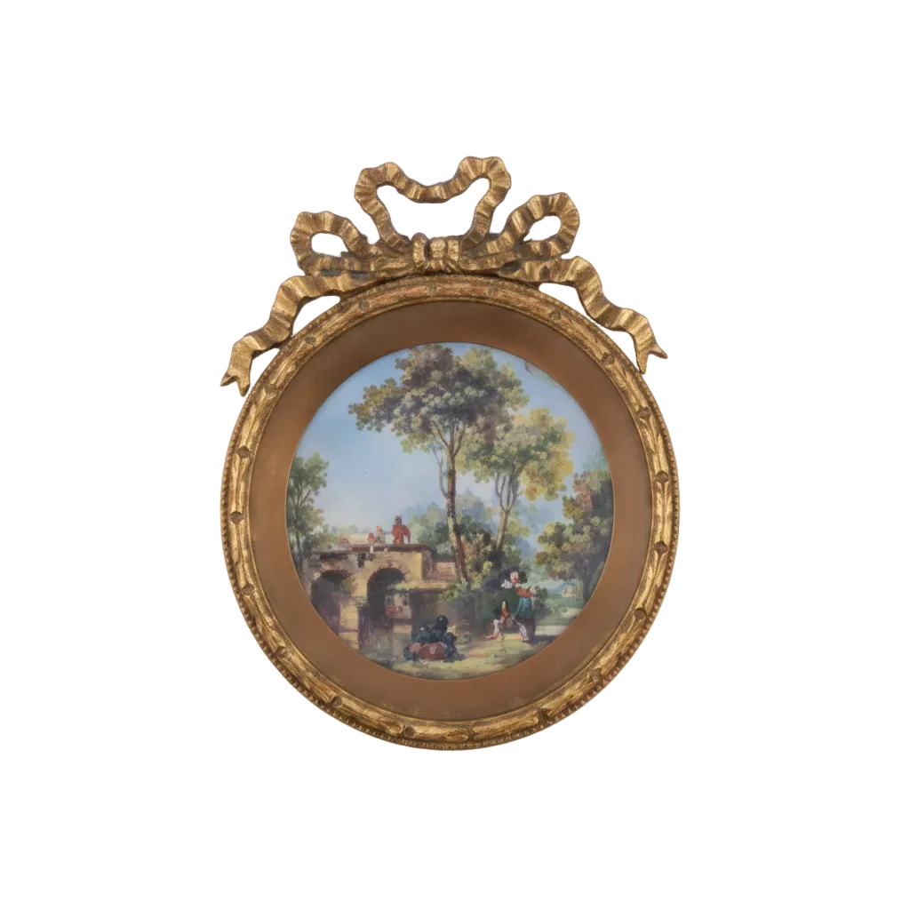 king charles circular decorative plate with bow crest and nature scene