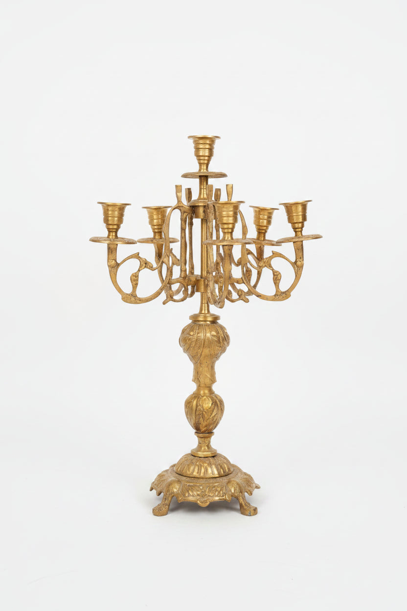 Baroque Brass 7-Arm Candelabra with Acanthus Stem & Scrolled Arms