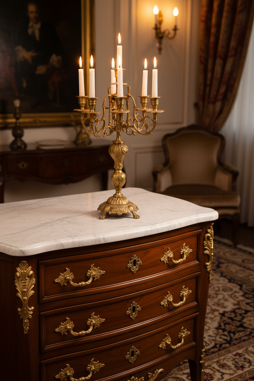 Baroque Brass 7-Arm Candelabra with Acanthus Stem & Scrolled Arms