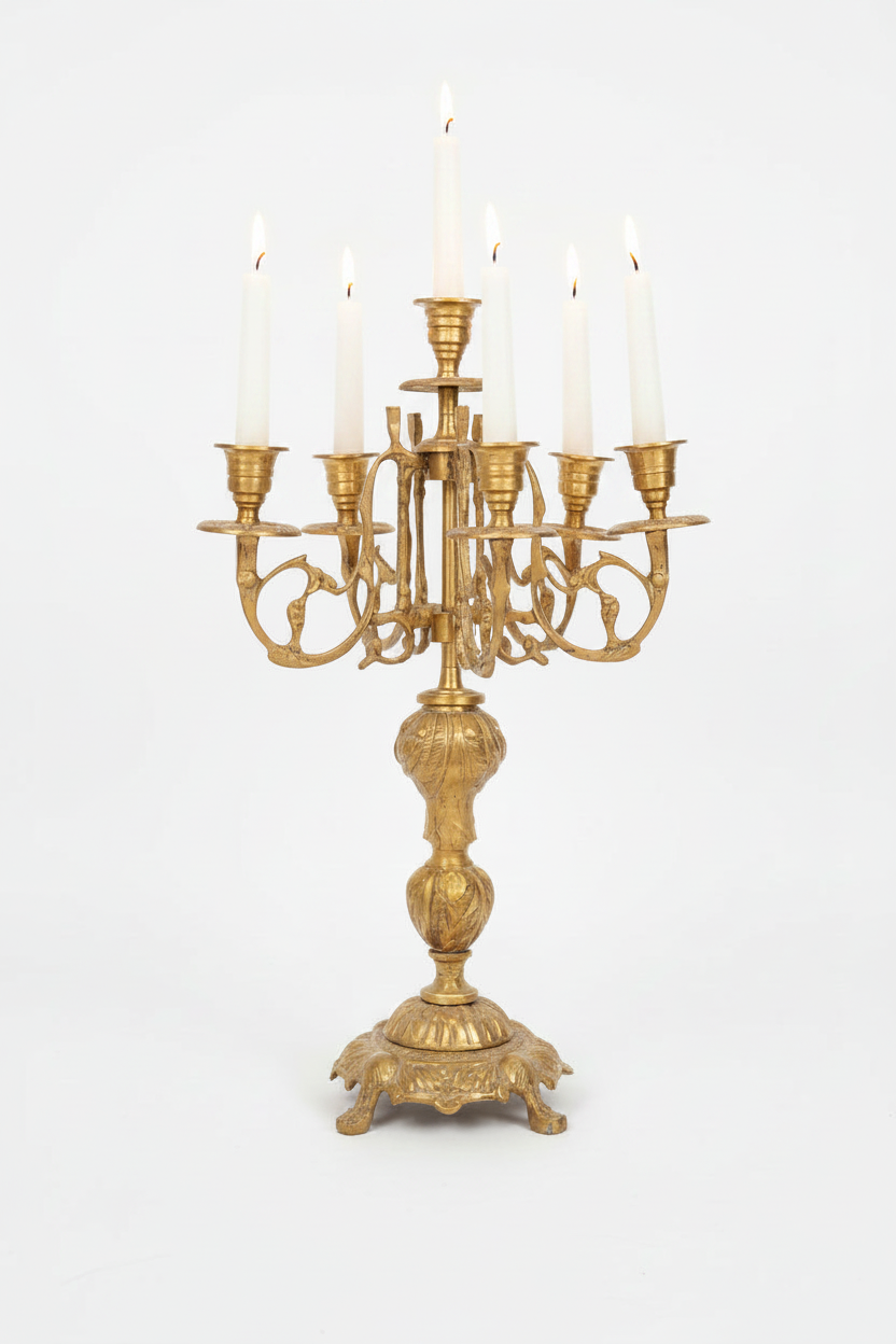 Baroque Brass 7-Arm Candelabra with Acanthus Stem & Scrolled Arms
