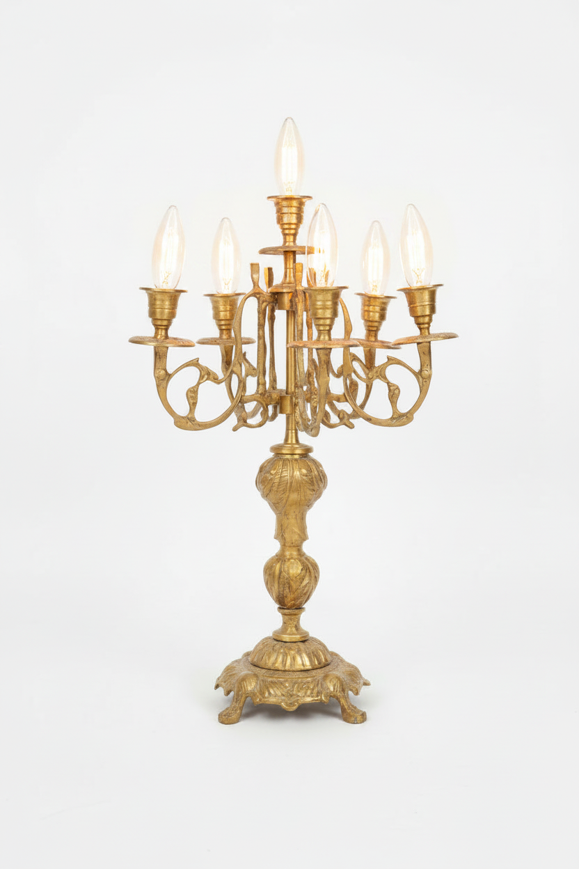Baroque Brass 7-Arm Candelabra with Acanthus Stem & Scrolled Arms