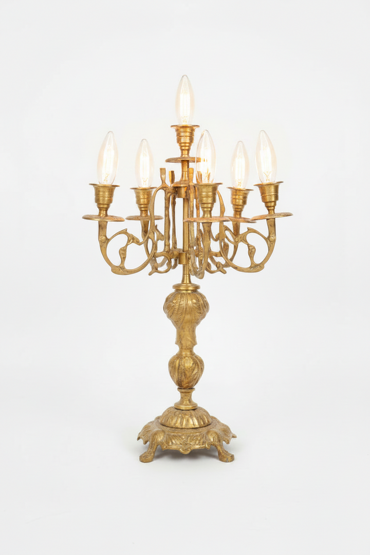 Baroque Brass 7-Arm Candelabra with Acanthus Stem & Scrolled Arms