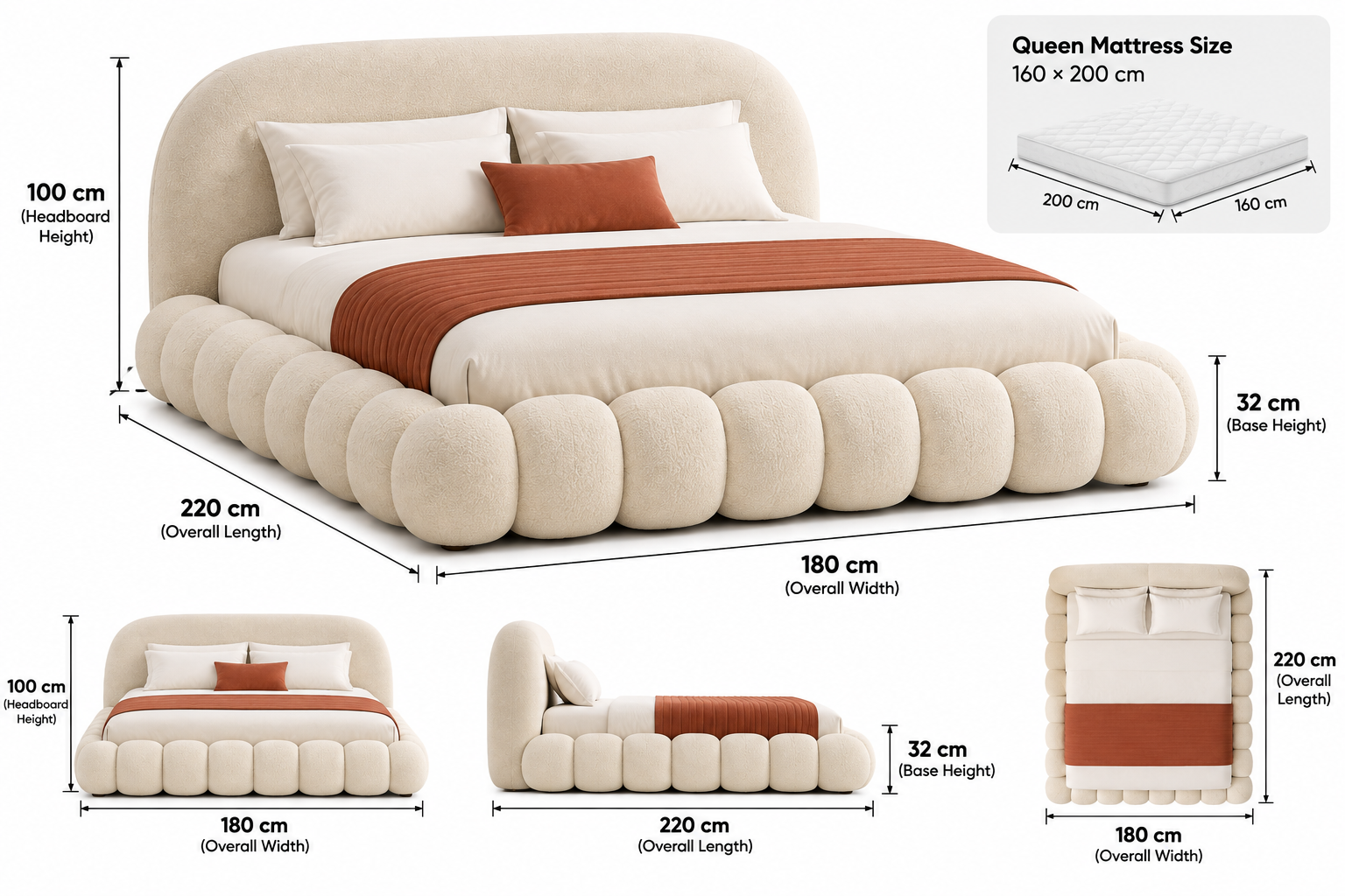 Mirea Bouclé Bed - Sculptural Upholstered Platform Bed