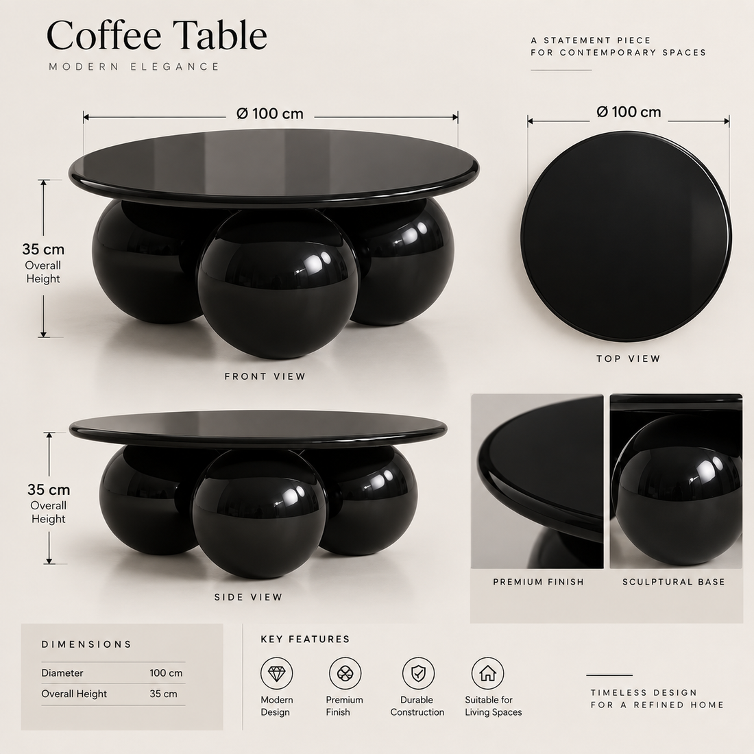 Vero High-Gloss Round Sphere-Base Coffee Table