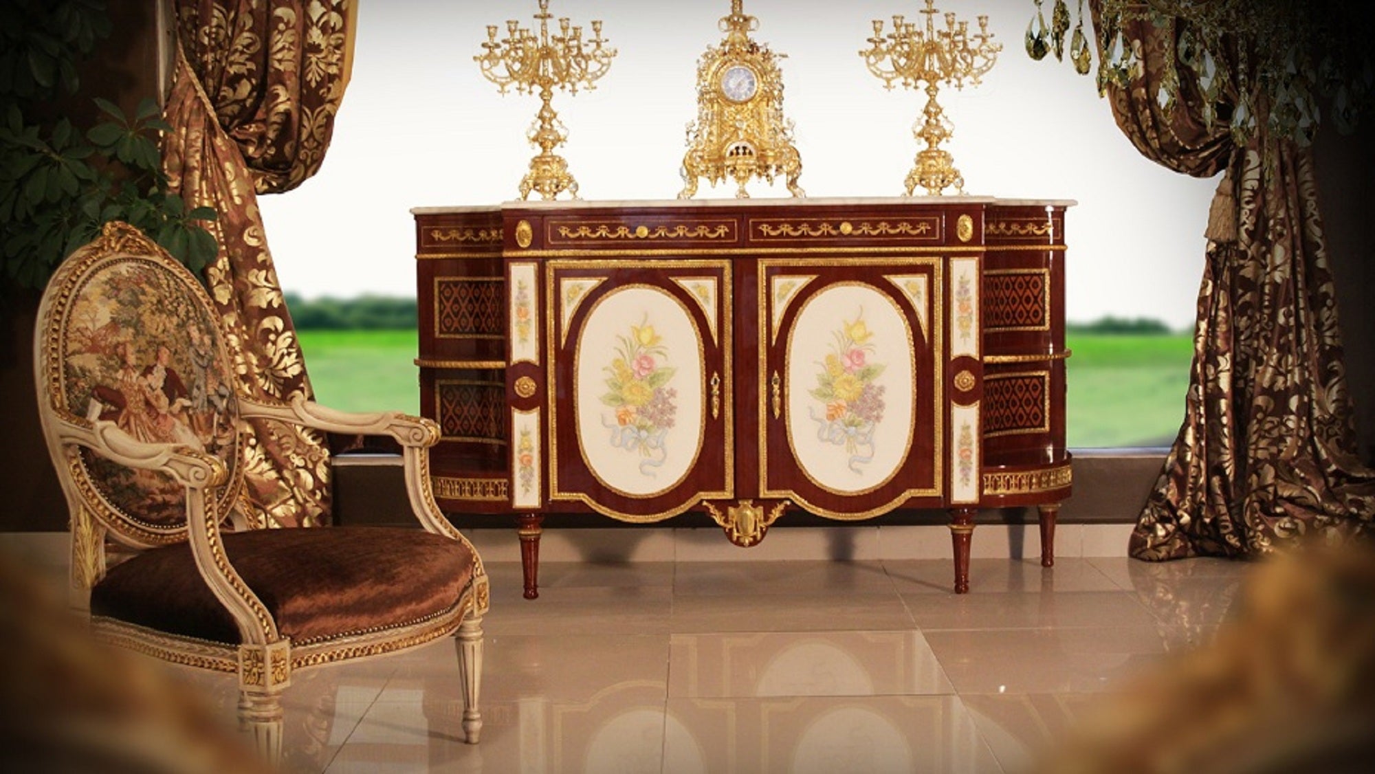 Louis XVI-Style Floral Marquetry Credenza