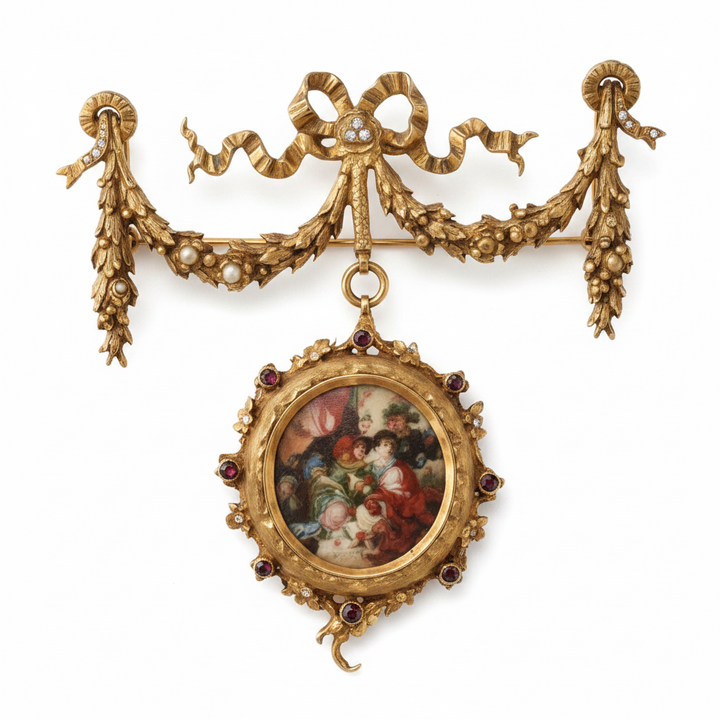 Rococo Double Medallion Hanging Wall Décor with Floral Prints & Bow Garland