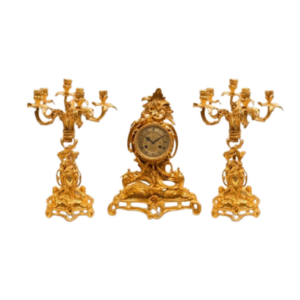 Louis XV Rococo Mantel Clock Garniture with Five-Arm Candelabra — Heavily Carved Scrollwork