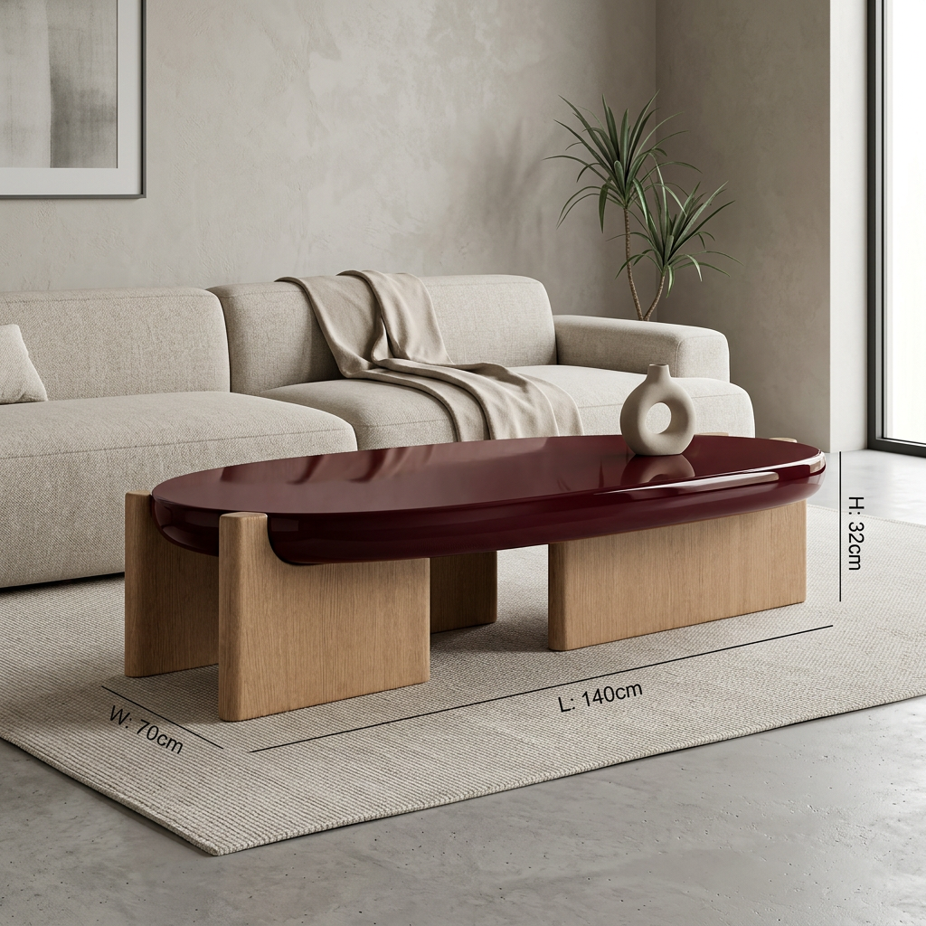 Alto burgundy and oak coffee table styled in a contemporary living room