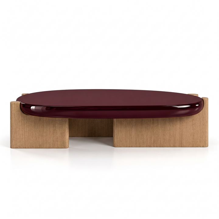 Alto burgundy and oak oval coffee table, front view on white