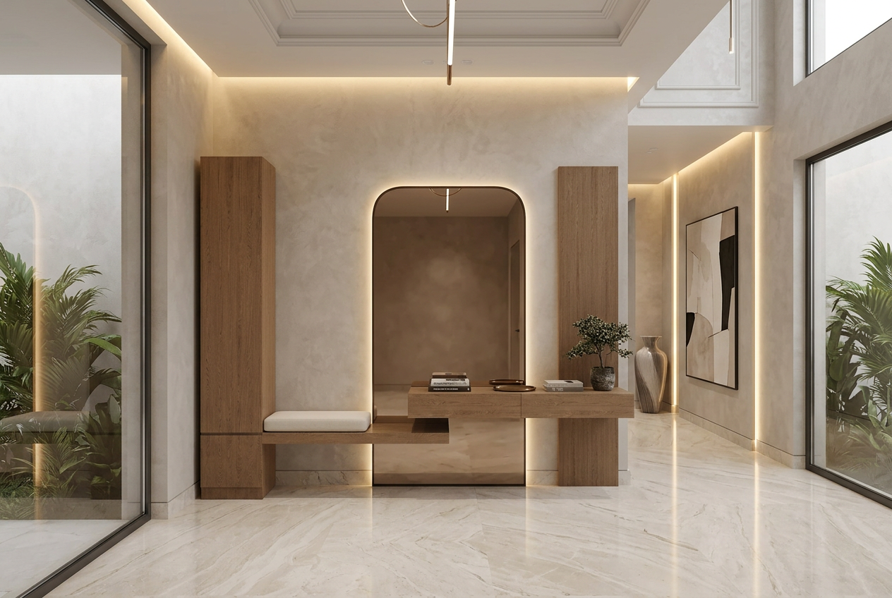Arcadia Oak Entryway Unit with Bench & Arched LED Mirror