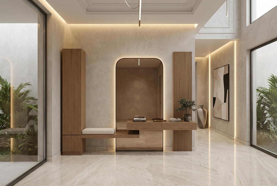 Arcadia Oak Entryway Unit with Bench & Arched LED Mirror