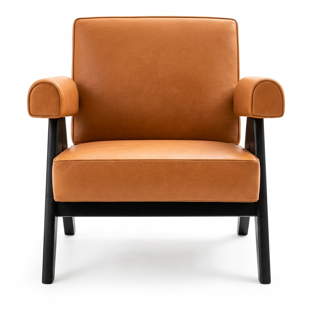 Arden leather armchair, head-on front view on a white background