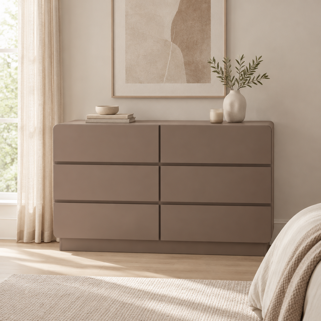Aster taupe six-drawer dresser styled in a neutral bedroom