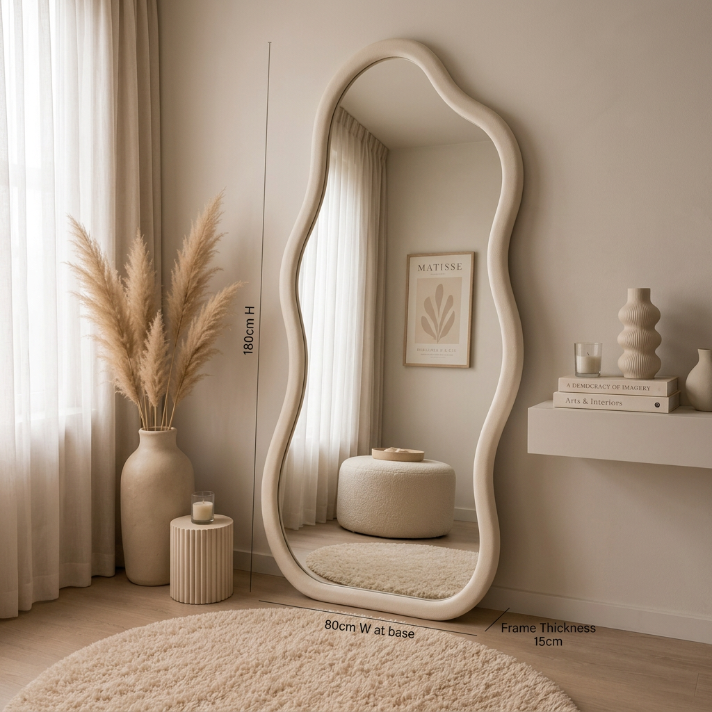 Aurelia organic full-length mirror styled in a neutral bedroom