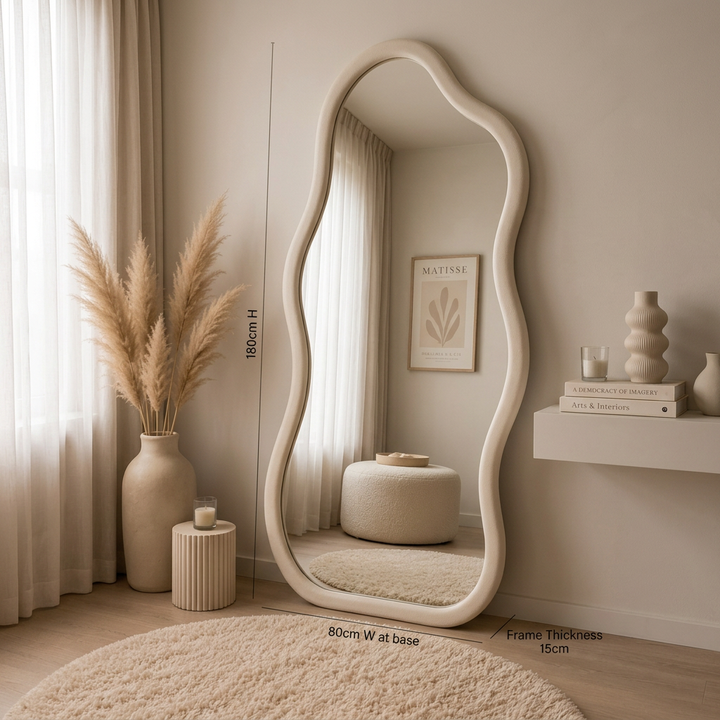 Aurelia organic full-length mirror styled in a neutral bedroom