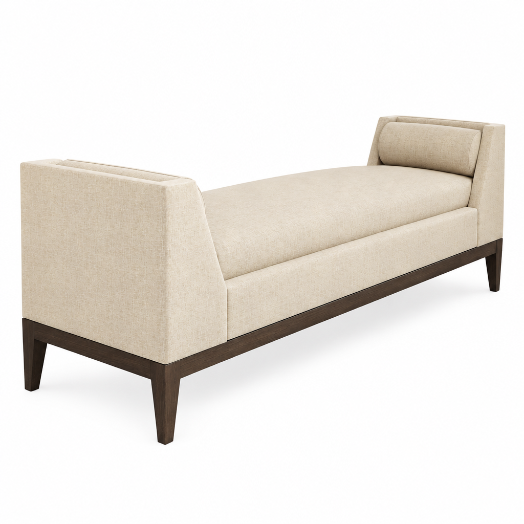 Aveline upholstered bench, side-angle view on white