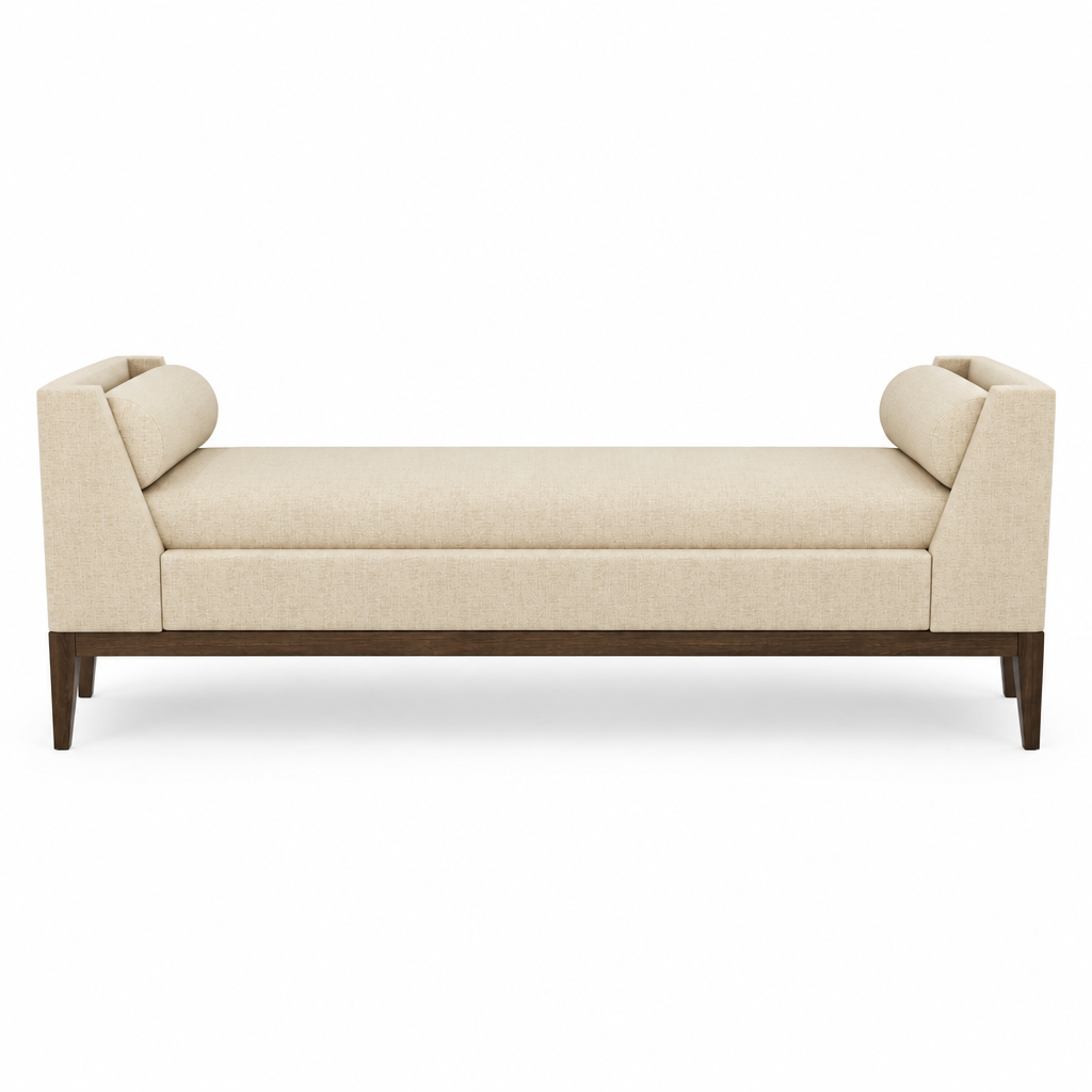 Aveline upholstered bolster bench, front view on white