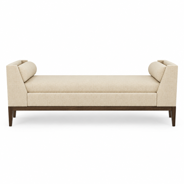 Aveline upholstered bolster bench, front view on white
