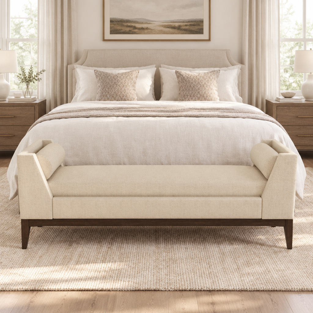 Aveline upholstered bolster bench styled at the foot of a bed