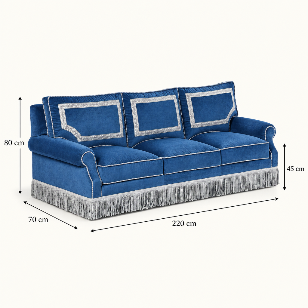 Blue sofa with dimension arrows