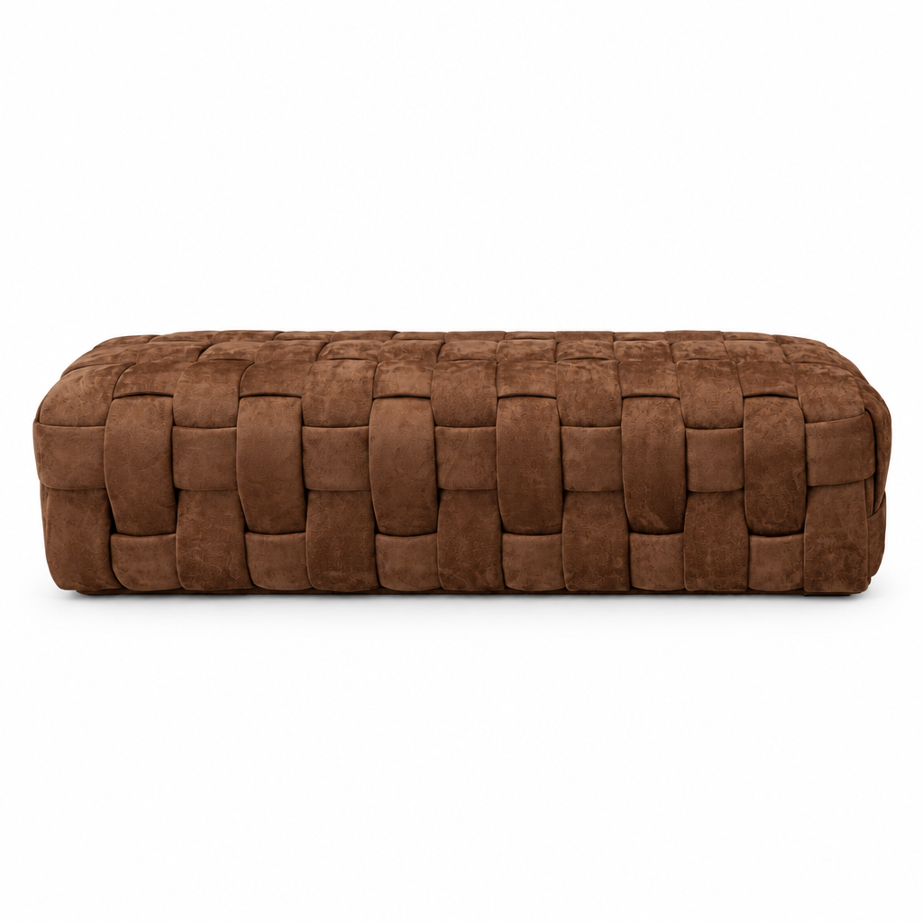 Brixton brown woven suede ottoman bench, front view on white