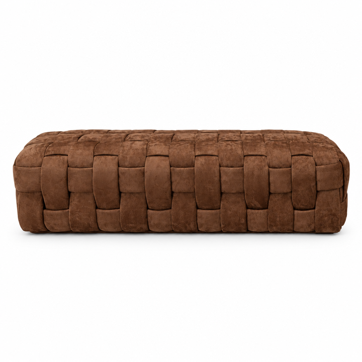 Brixton brown woven suede ottoman bench, front view on white