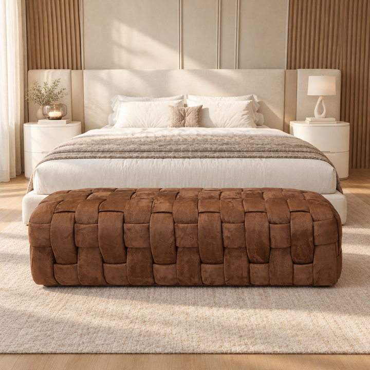 Brixton woven suede ottoman bench styled at the foot of a bed