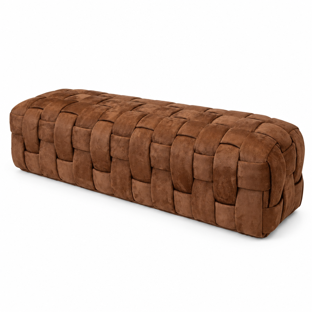 Brixton woven suede ottoman, side-angle view on white