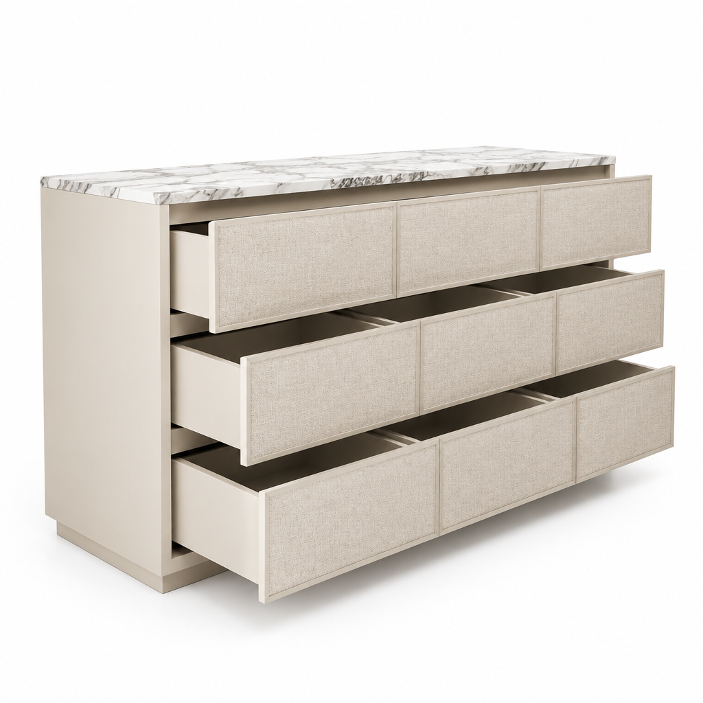 Calista fabric dresser, side view with open drawer rows on white