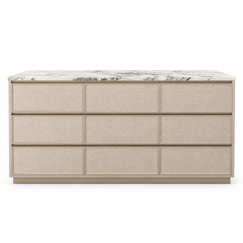 Calista fabric dresser with Arabescato marble top, front view on white