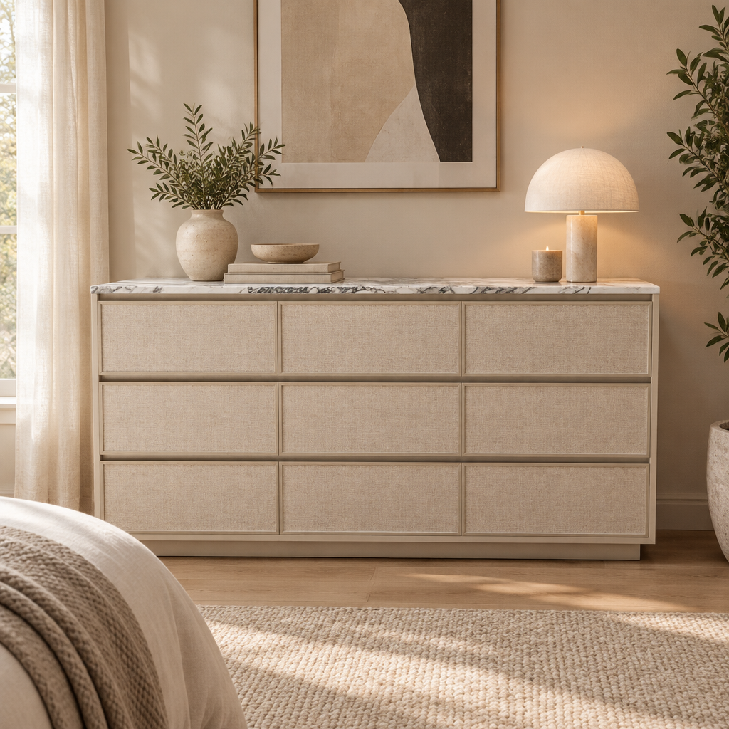 Calista marble-top fabric dresser styled in a neutral bedroom