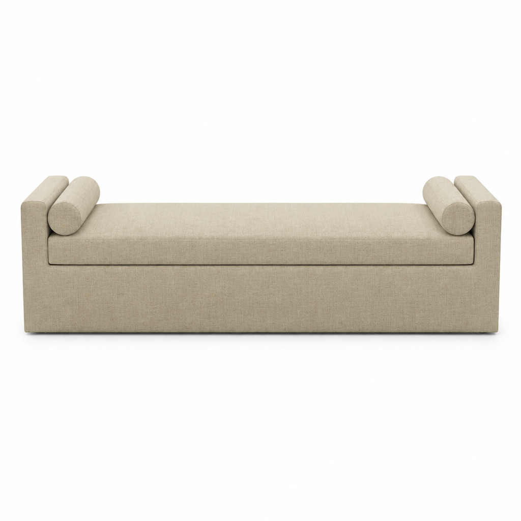 Camille cream upholstered bolster bench, front view on white