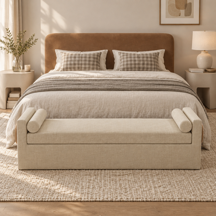 Camille cream upholstered bolster bench styled at the foot of a bed