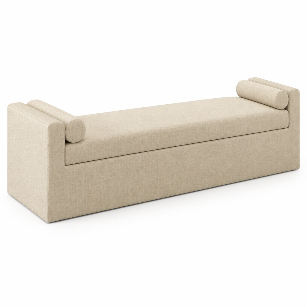 Camille upholstered bench, side-angle view on white