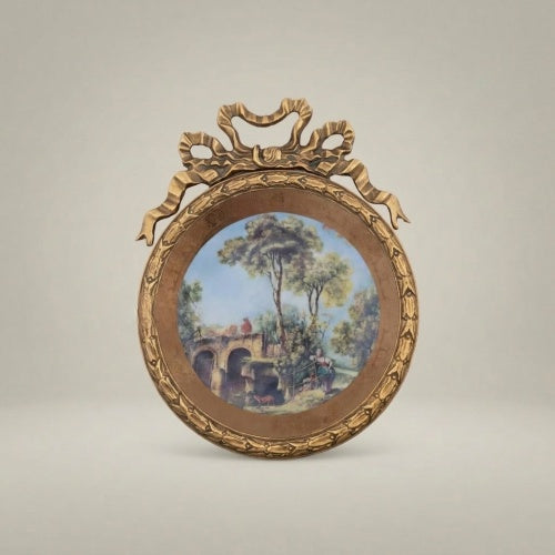 king charles circular decorative plate with bow crest and nature scene