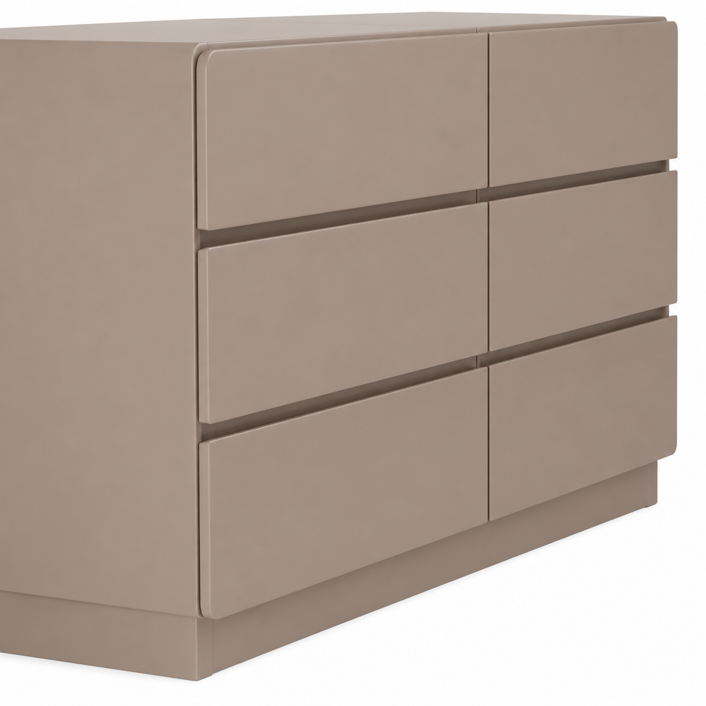 Close-up of the Aster dresser’s matte taupe finish and recessed drawer detailing
