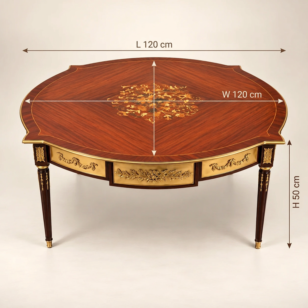 Coffee table with 120 × 120 × 50 cm dimension labels