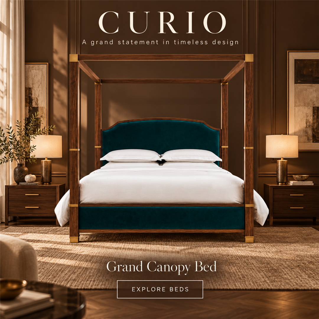 CURIO campaign creative featuring the dark wood and teal Grand Canopy Bed