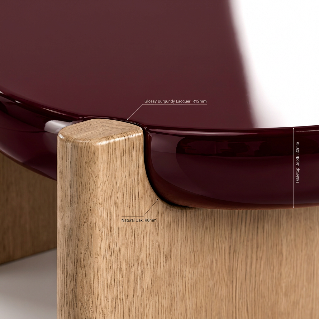 Detail of the Alto table’s burgundy lacquer edge and natural oak support