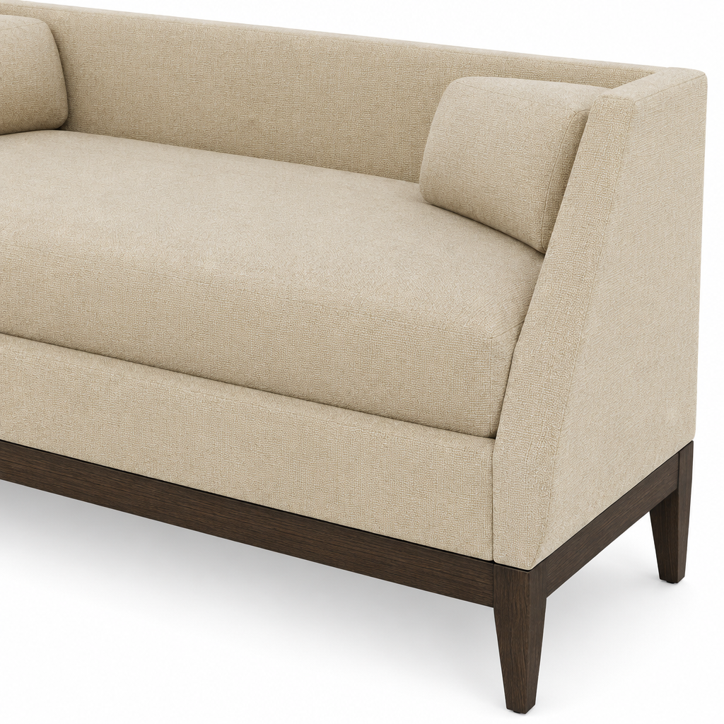 Detail of the Aveline bench’s cream upholstery and wood base