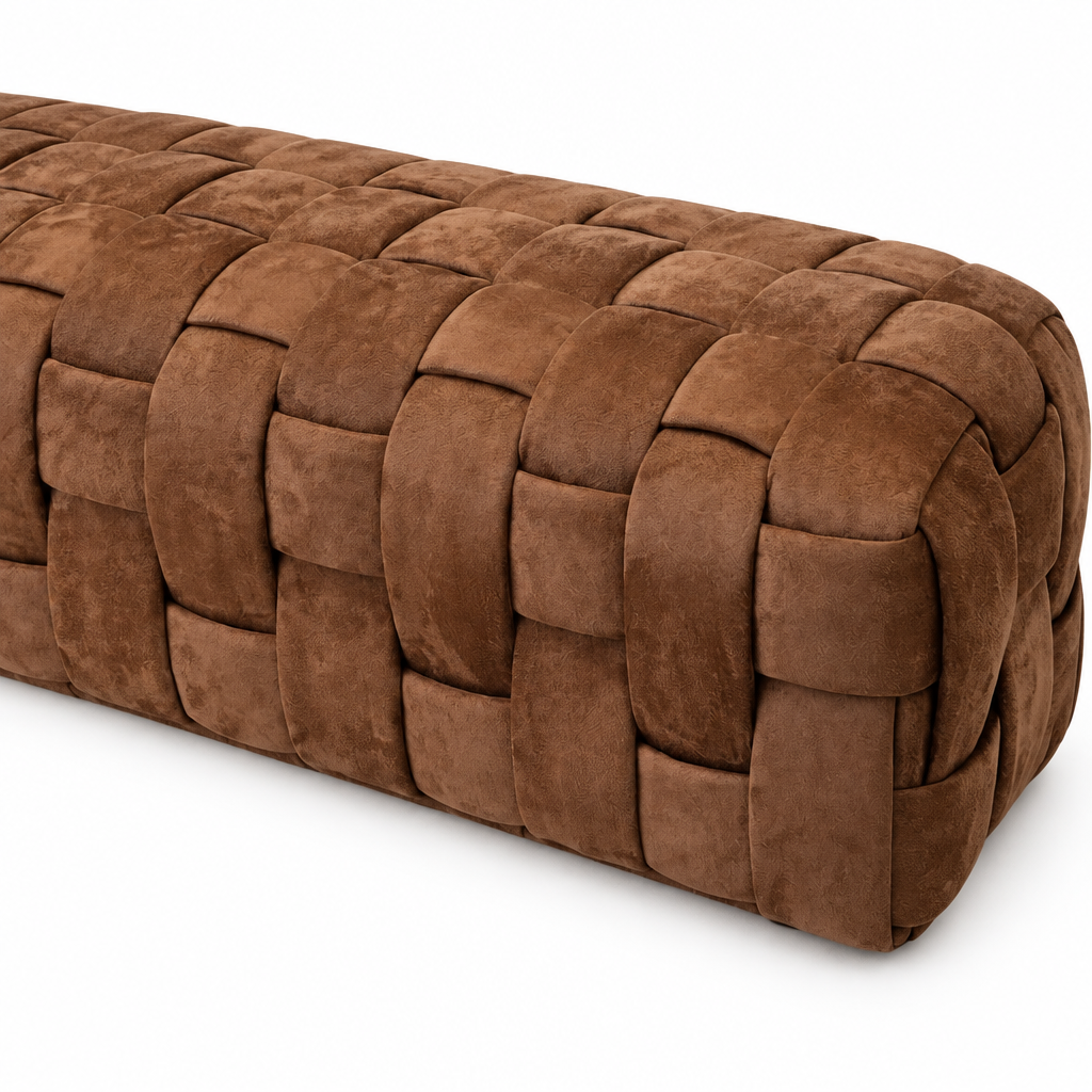 Detail of the Brixton ottoman’s brown padded suede weave
