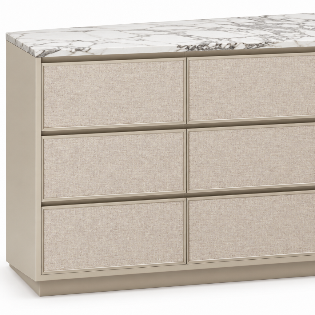 Detail of the Calista dresser’s fabric panel and marble edge