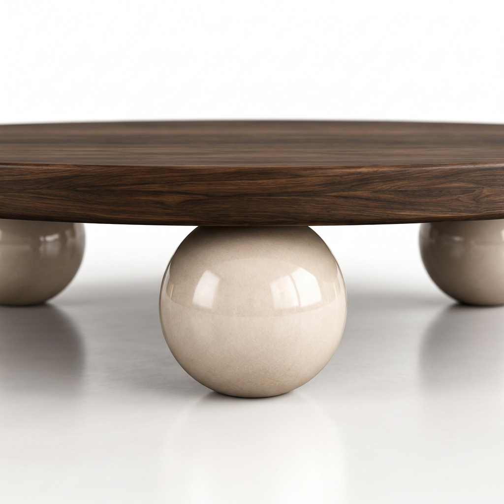 Detail of the Doro walnut veneer edge and glossy ivory spherical support