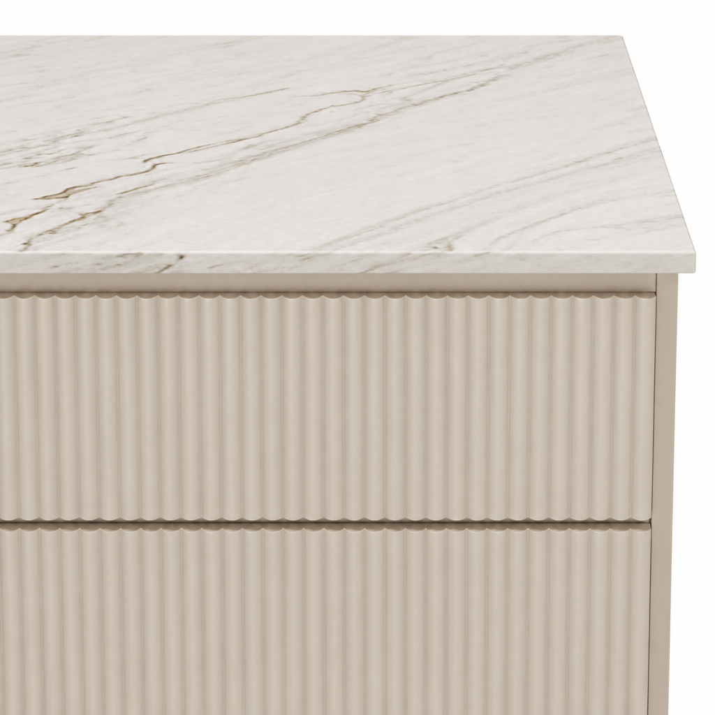 Detail of the Evelise dresser’s marble edge and fluted front
