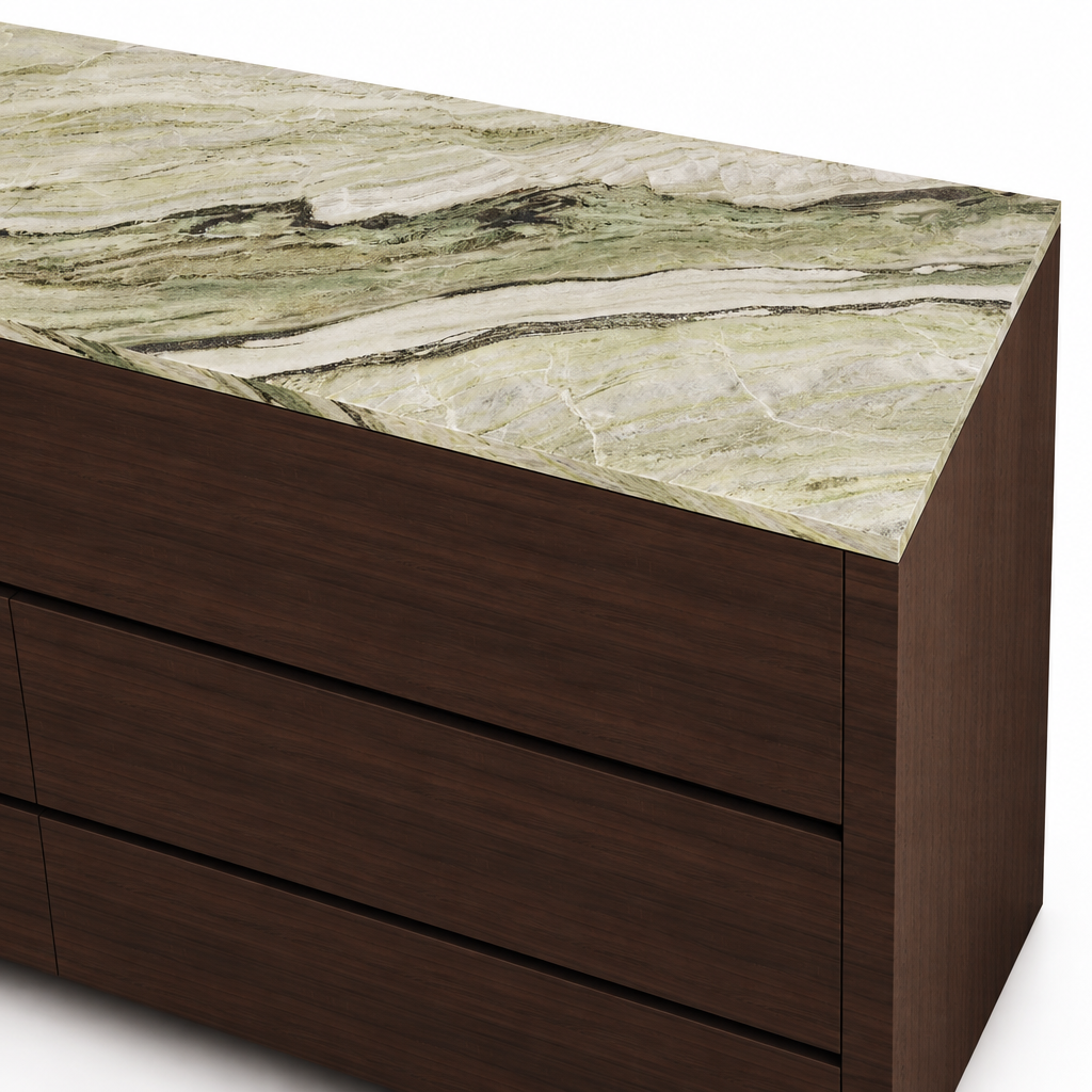 Detail of the Lennox dresser’s marble edge and walnut veneer