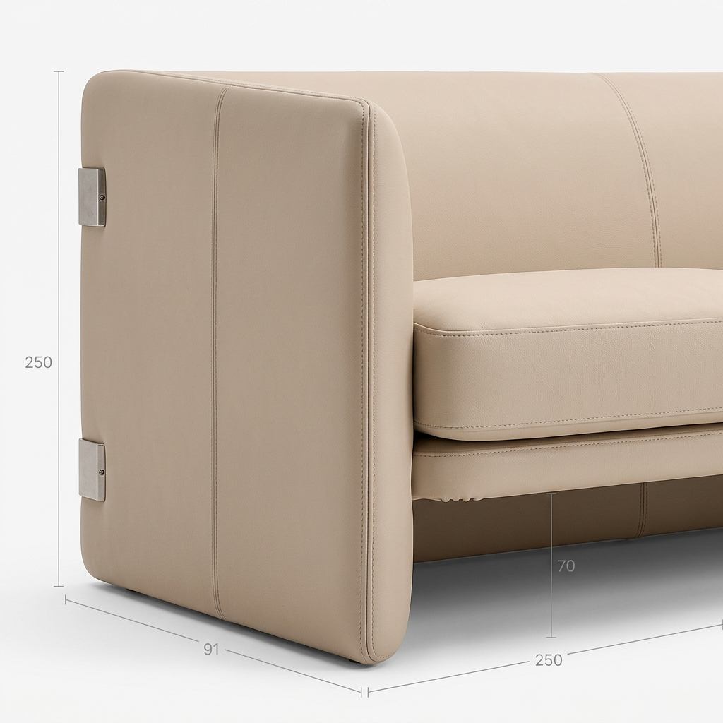Detail of the Neris sofa’s beige leather side panel and seam