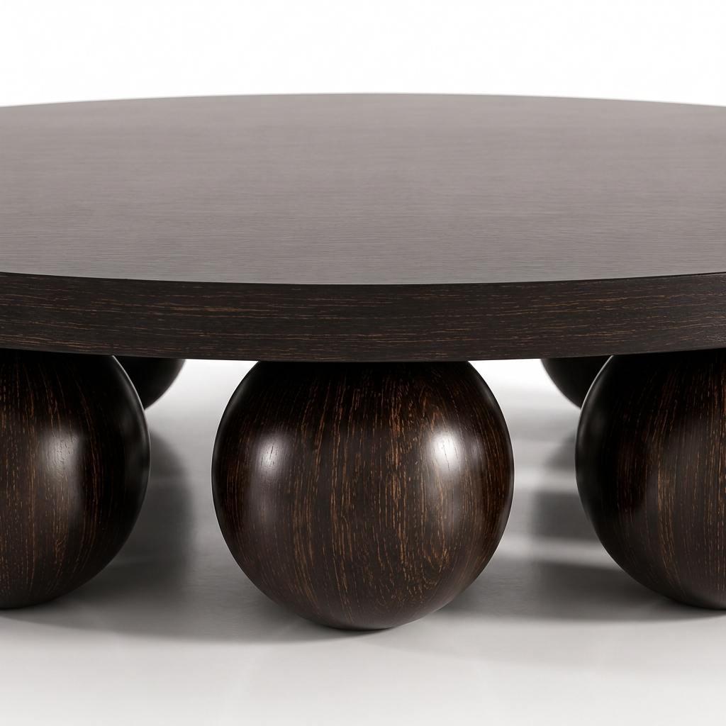 Detail of the Orlo table’s wood-grain edge and spherical support
