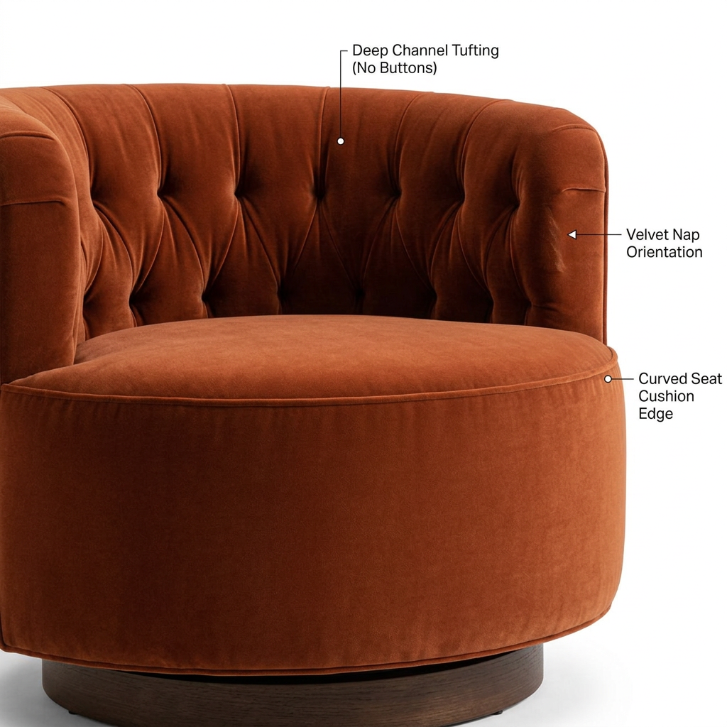 Detail of the Riad chair’s rust velvet tufting