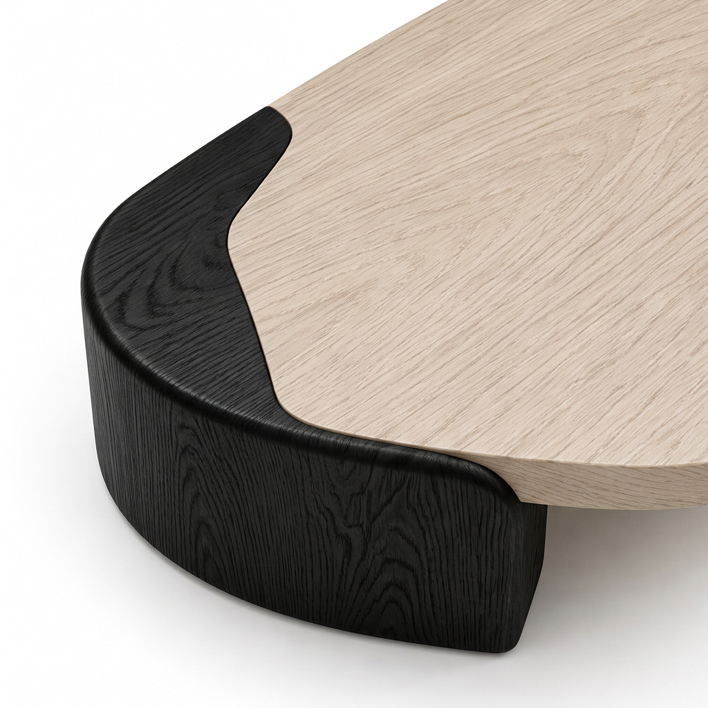 Detail of the Rove table’s light oak edge and black wood-grain support